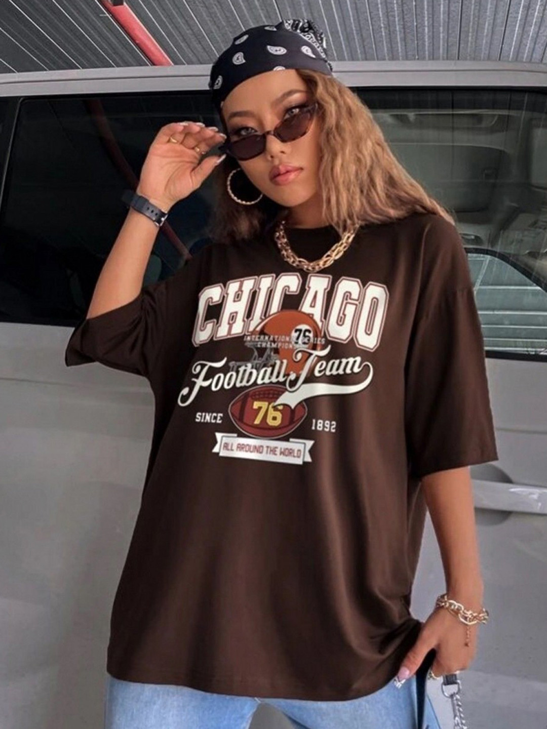 Christy World Women Typography Printed Round Neck Oversized T-shirt