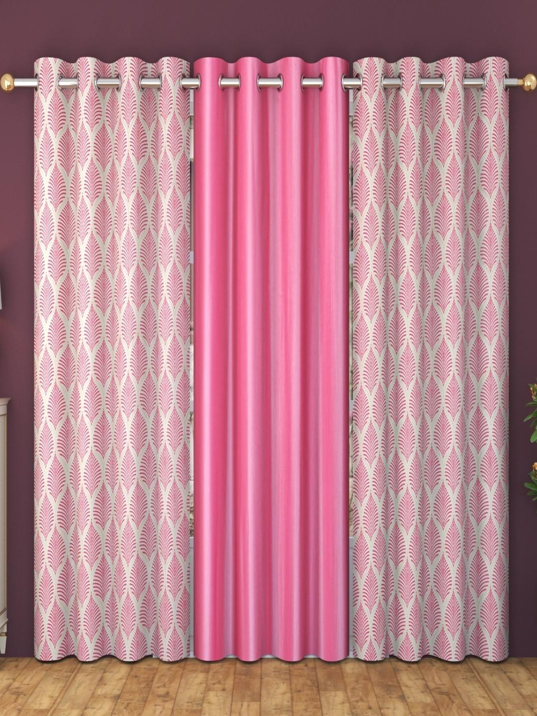 AADI TRADERS Set of 3 Pink Matka Polyester Curtain