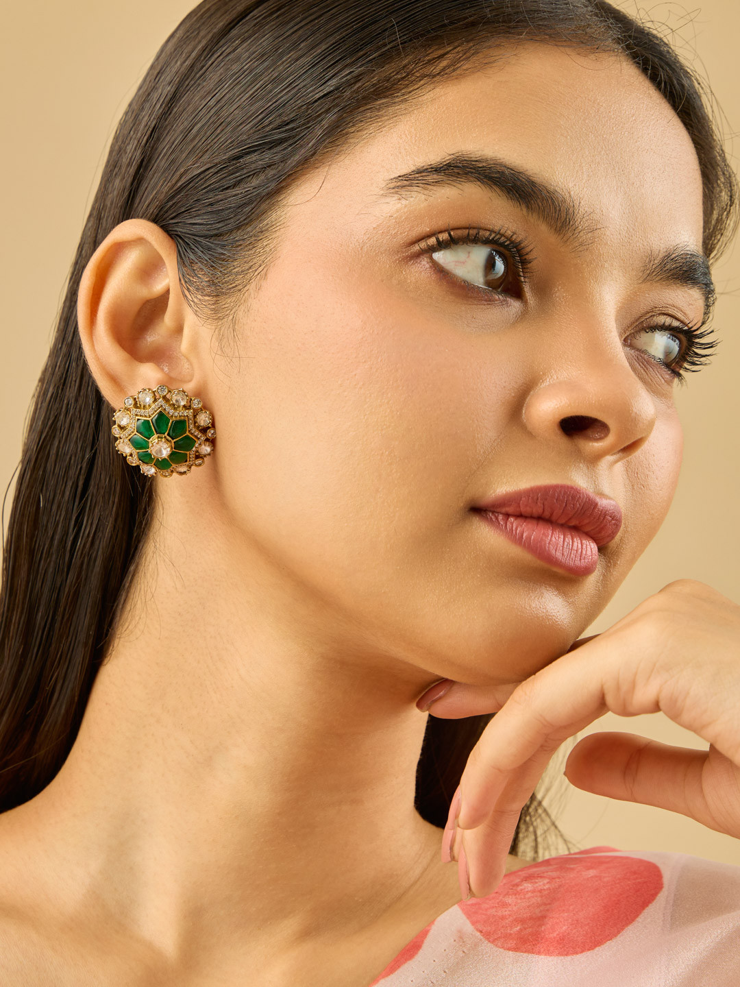 Kushal's Fashion Jewellery Victorian-Plated Circular Shaped Kundan Studs Earrings