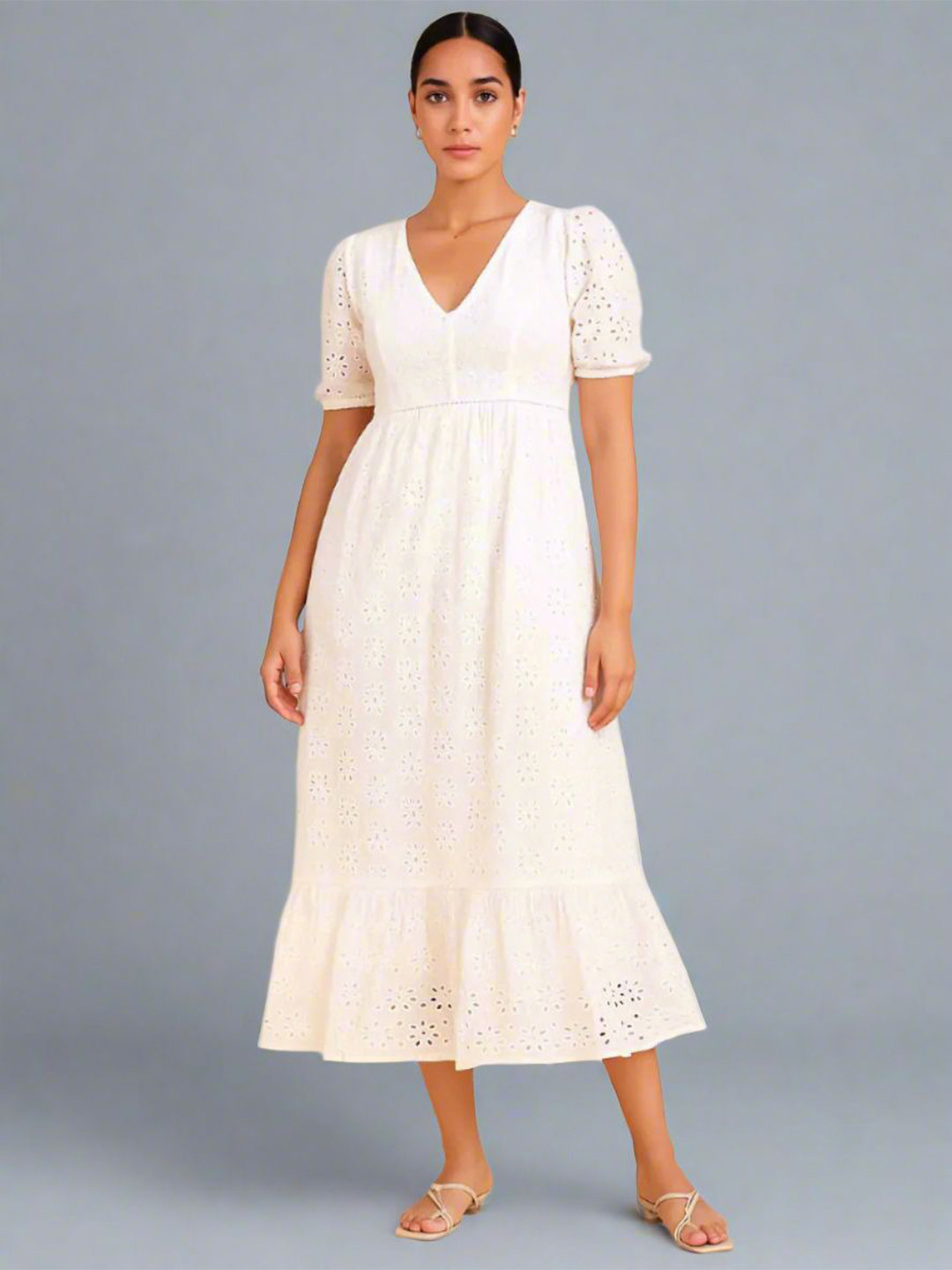 SWI Stylish Women Floral Self Design Puff Sleeves V-Neck Cotton Fit and Flare Midi Dress