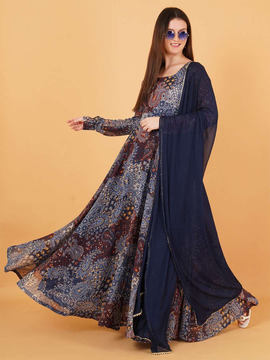 Magnetism Women Paisley Printed Square Neck Gown Maxi Dress with Dupatta