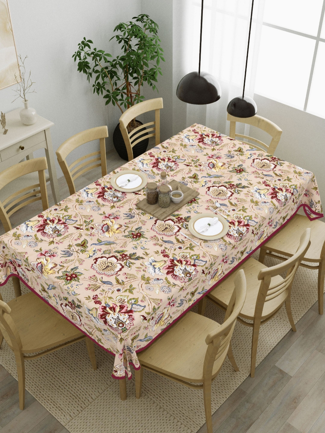Clasiko Beige And Maroon Floral Cotton 8-Seater Table Cover