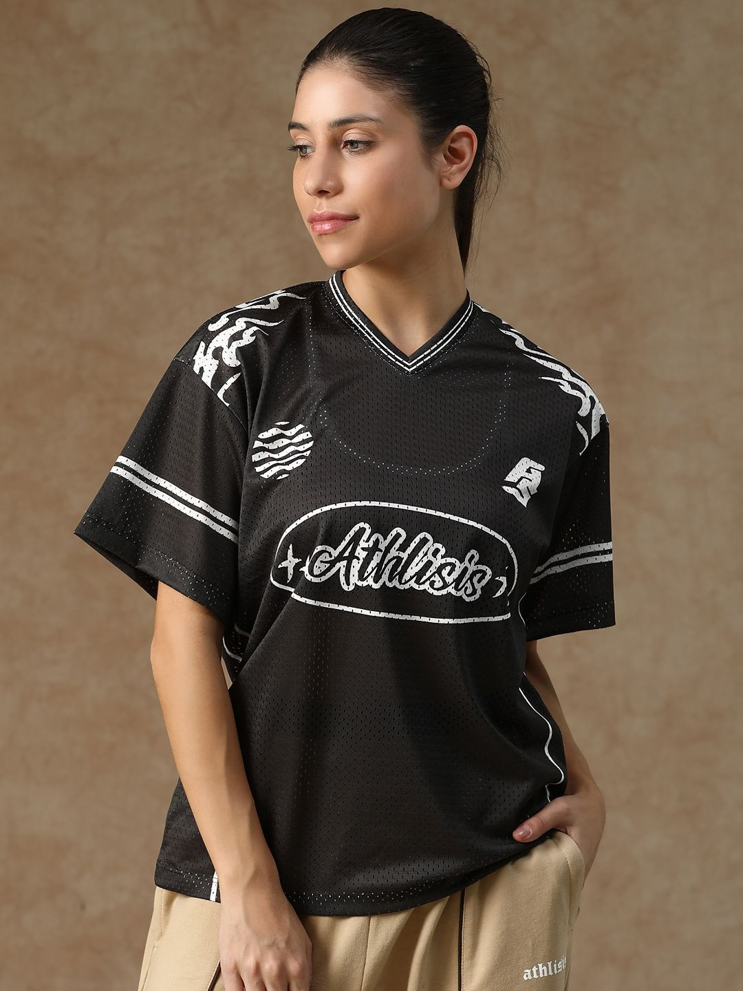 ATHLISIS Women e-Dry Technology Typography Printed V-Neck Oversized T-shirt