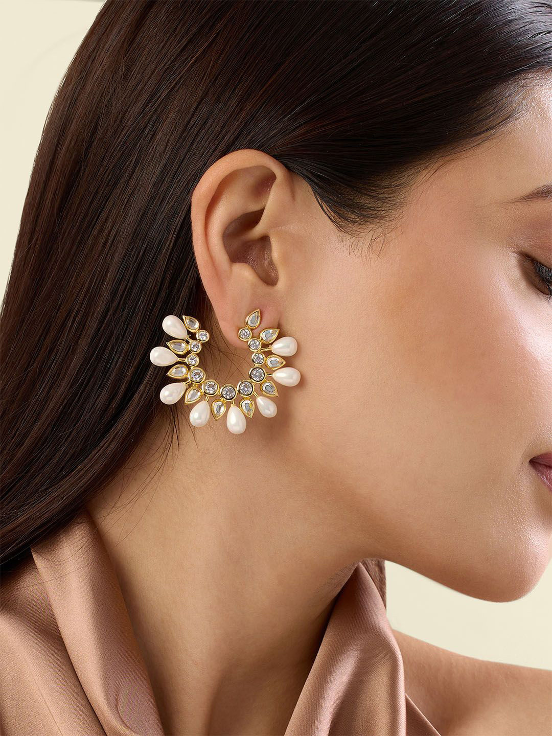 Isharya 18Kt Gold Plated Contemporary Paradise Dew Pearl Studded Hoop Earrings