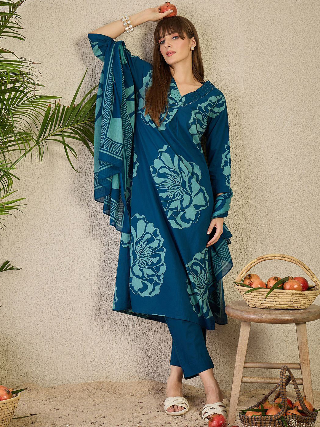 Indo Era Adults-Women Floral Printed Cotton A-Line Kurta with Trousers & Dupatta