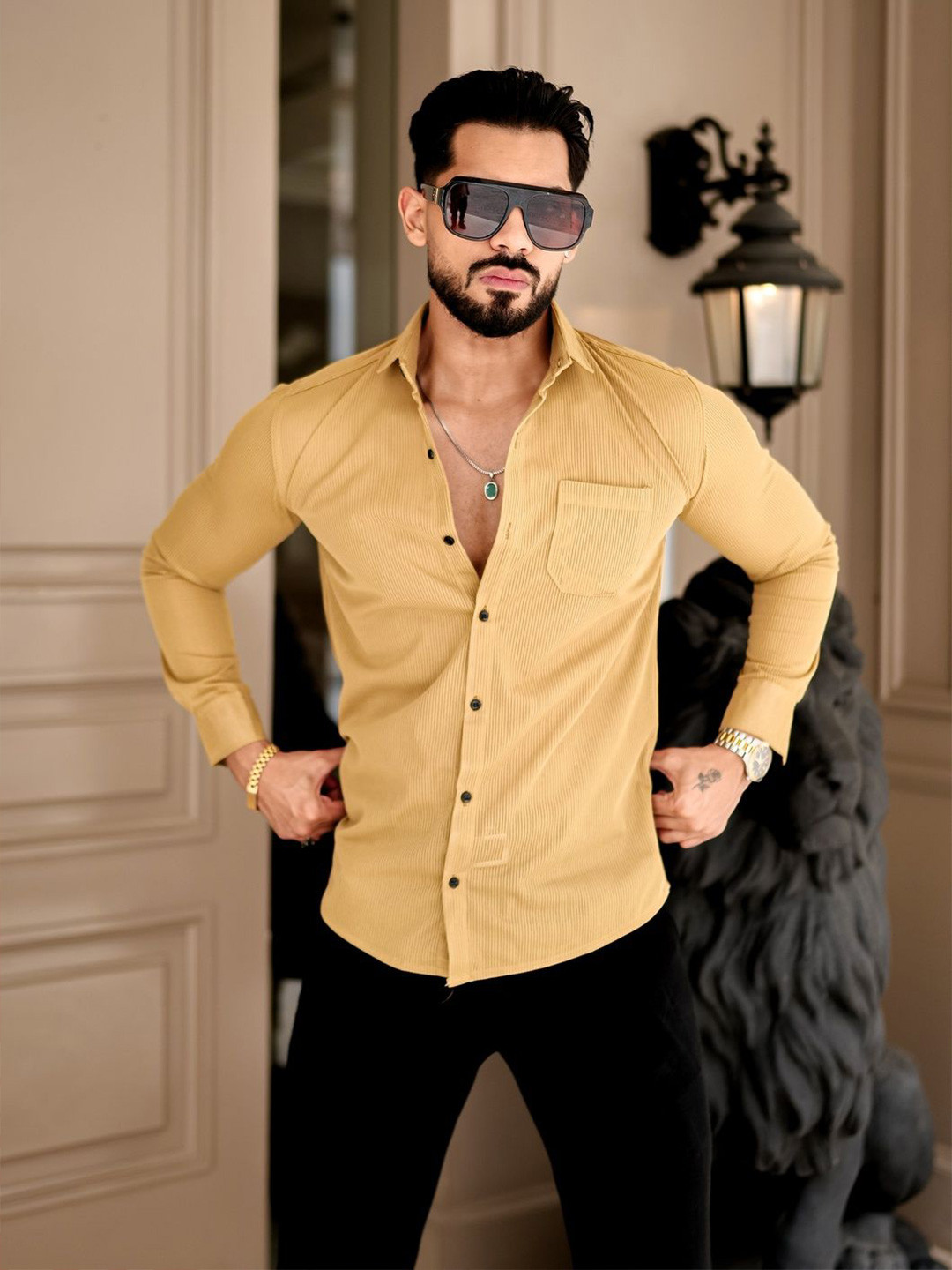 IKON FASHION Original Slim Fit Popcorn Texture Spread Collar Shirt