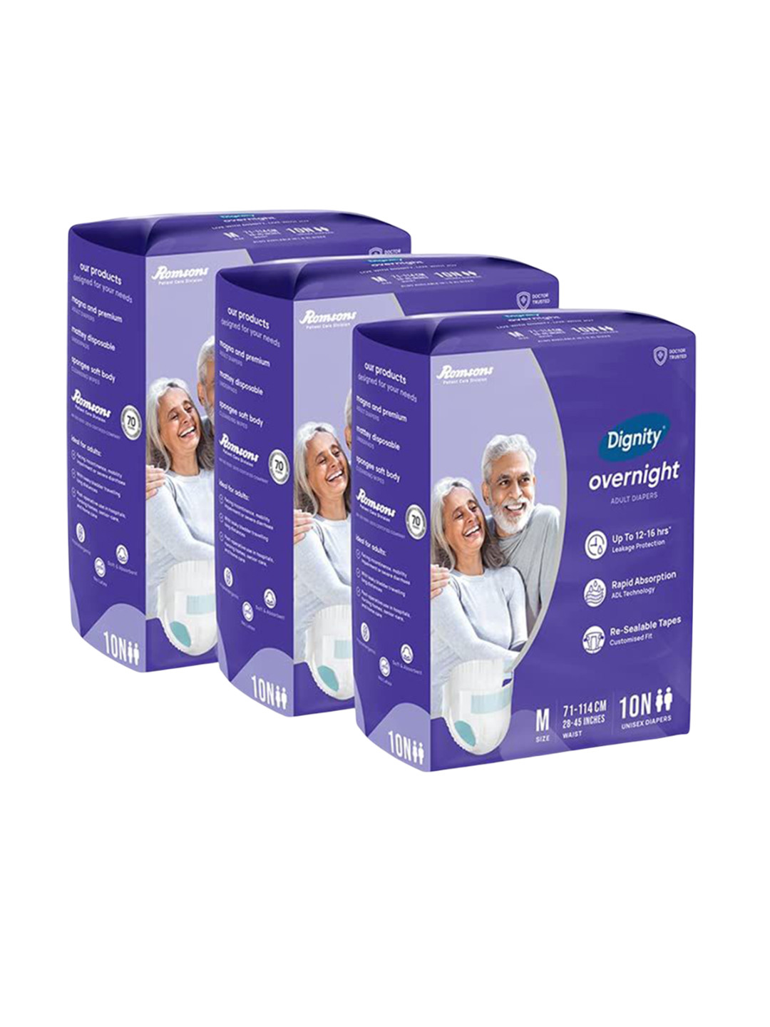 Dignity Set Of 3 Overnight Tape Style Adult Diapers- M- 10 Pcs Each