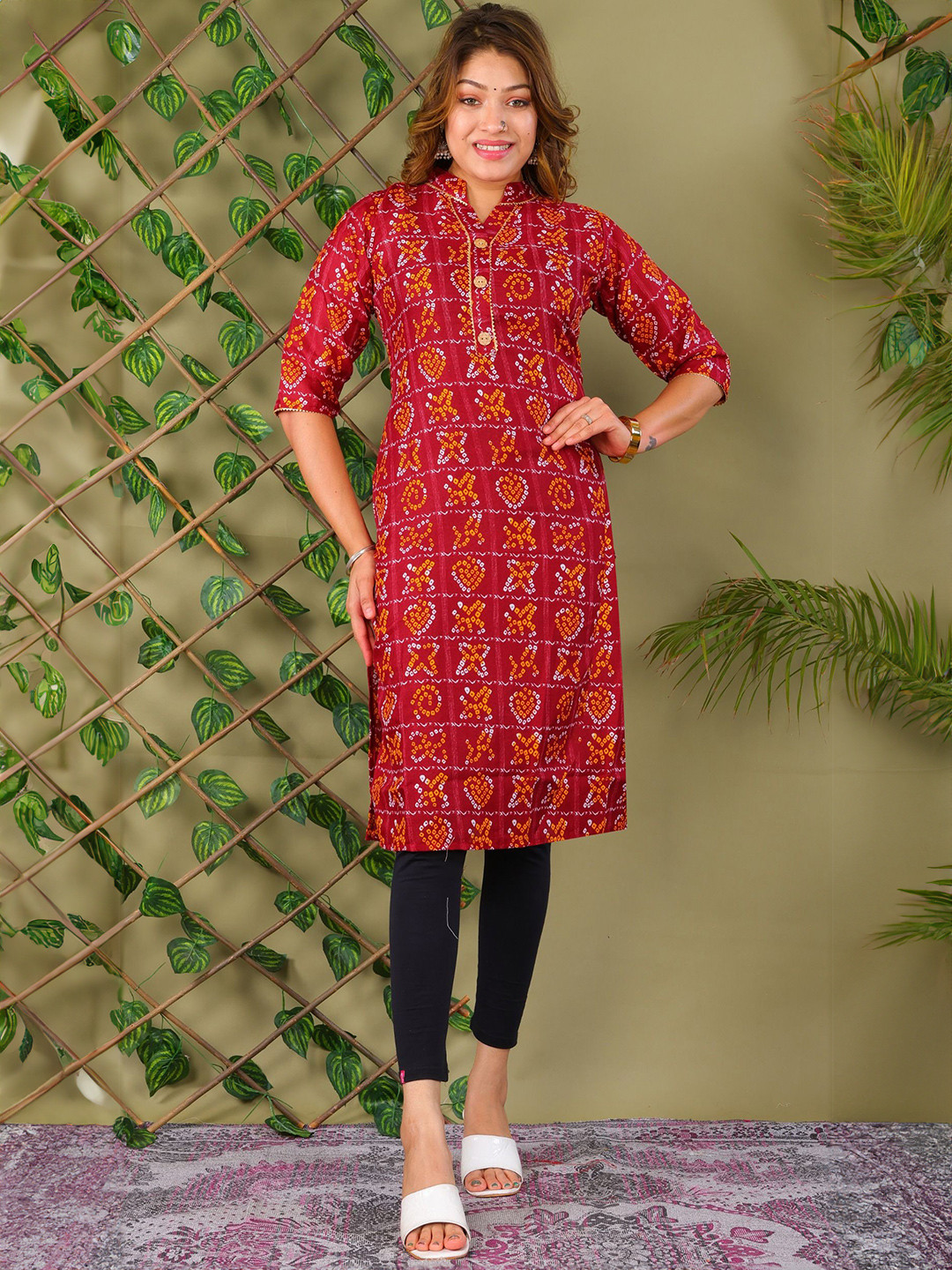 Parth style Fashion Women Bandhani Printed Mandarin Collar Cotton Straight Kurta
