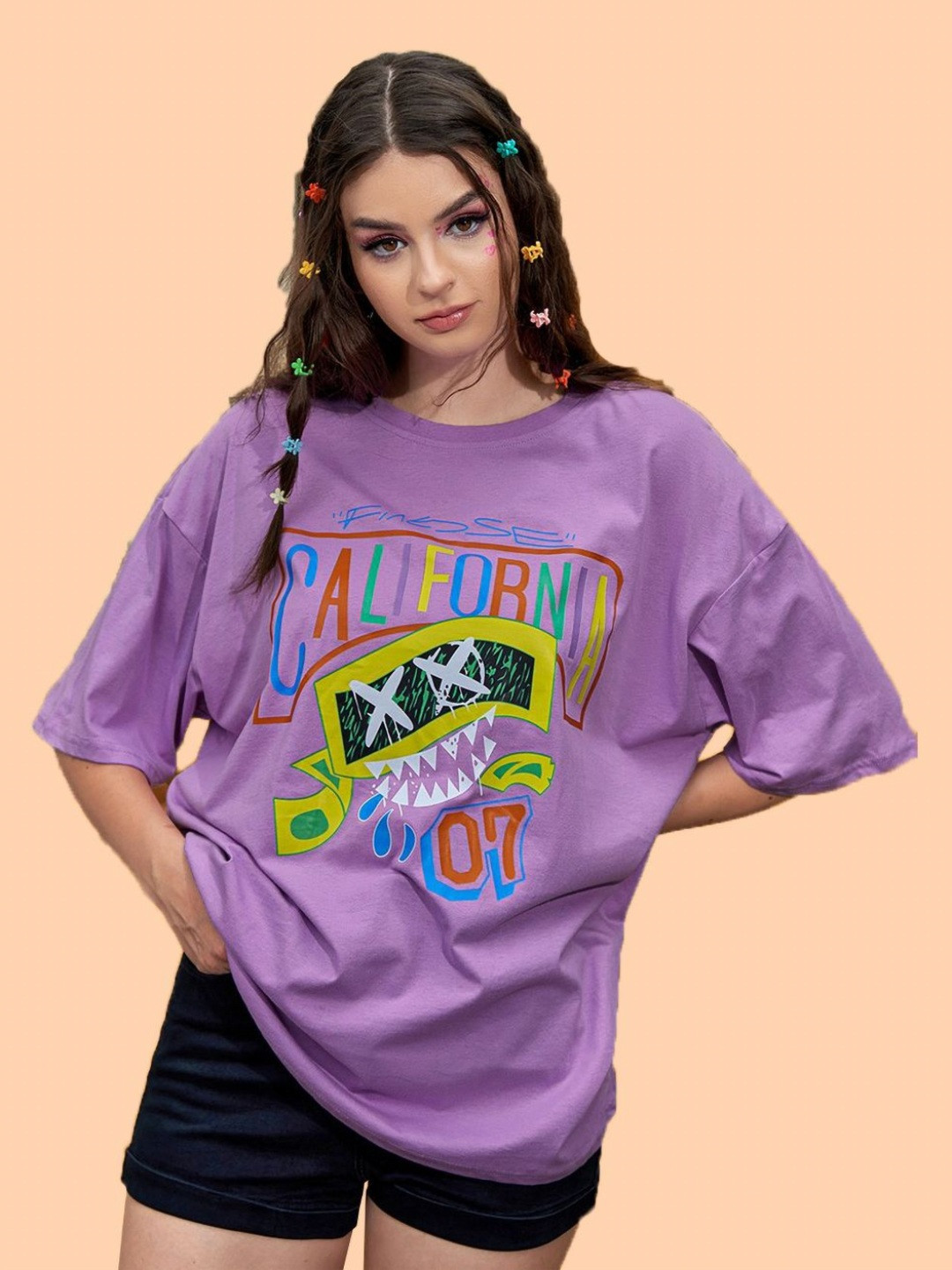 Christy World Women Graphic Printed Round Neck Oversized T-shirt