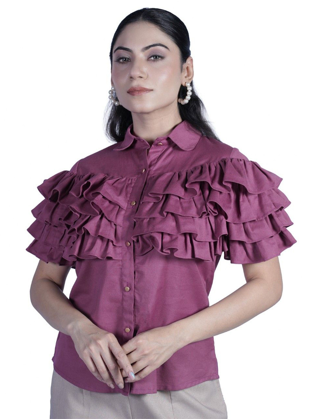 BELLO DONA CLOTHING Women Flared Sleeves Cotton Ruffles Shirt Style Top