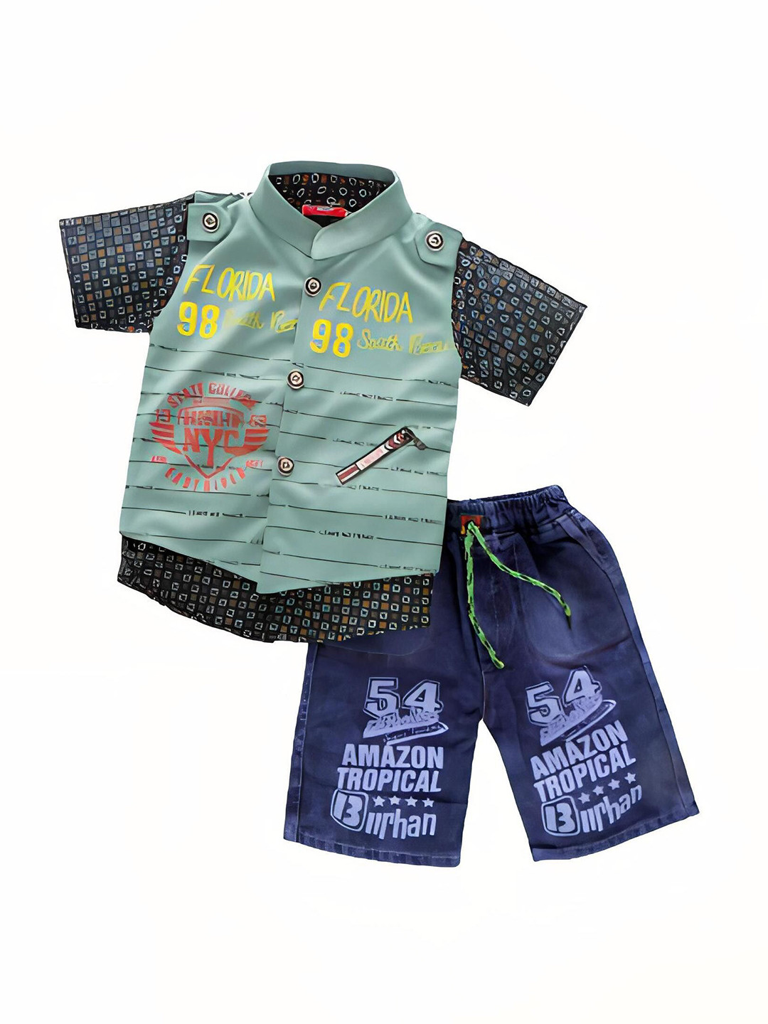 Usman Harooni Collection Kids Printed Mandarin Collar Shirt with Denim Shorts