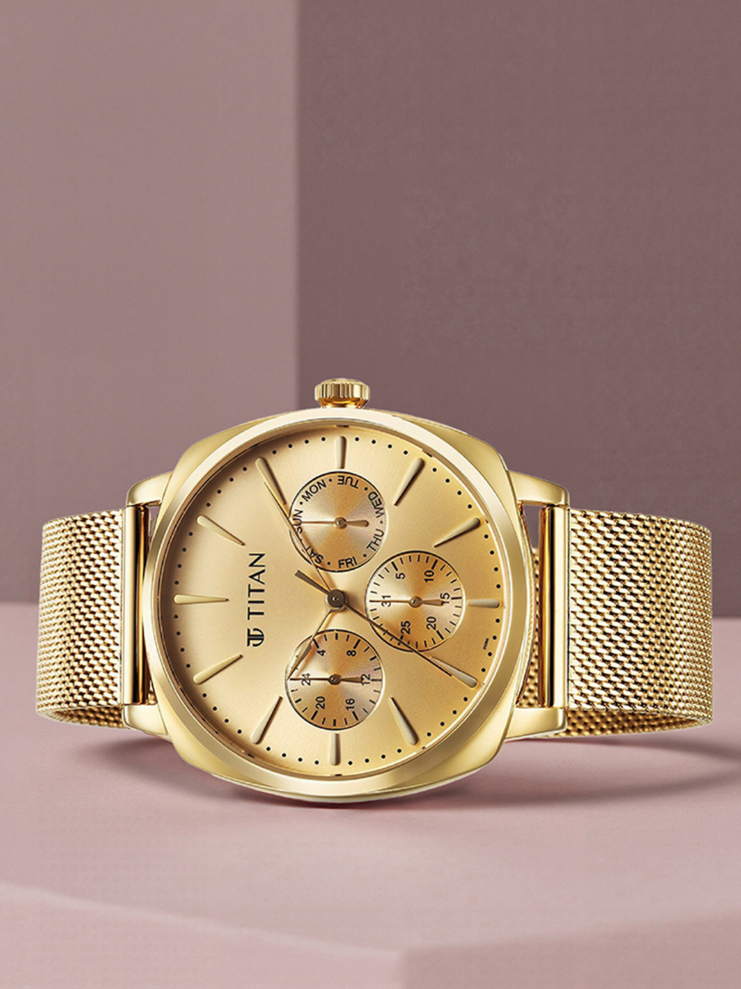 Titan Men Classique Champagne Stainless Steel Multi Function Watch-90189YM02