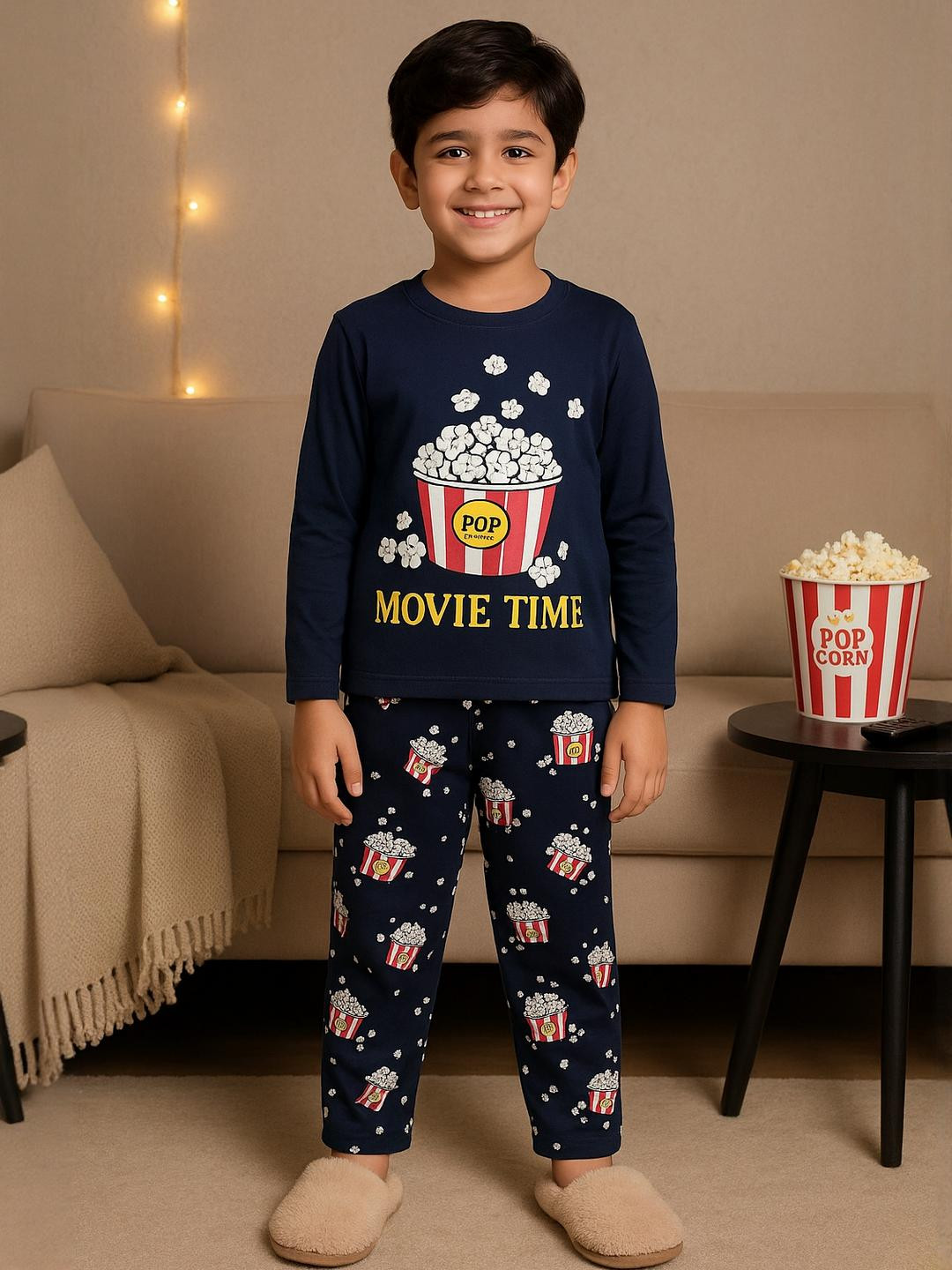 Cotton Full Sleeves 'Movie Time' Printed Coord Set Nightsuit - Navy Blue