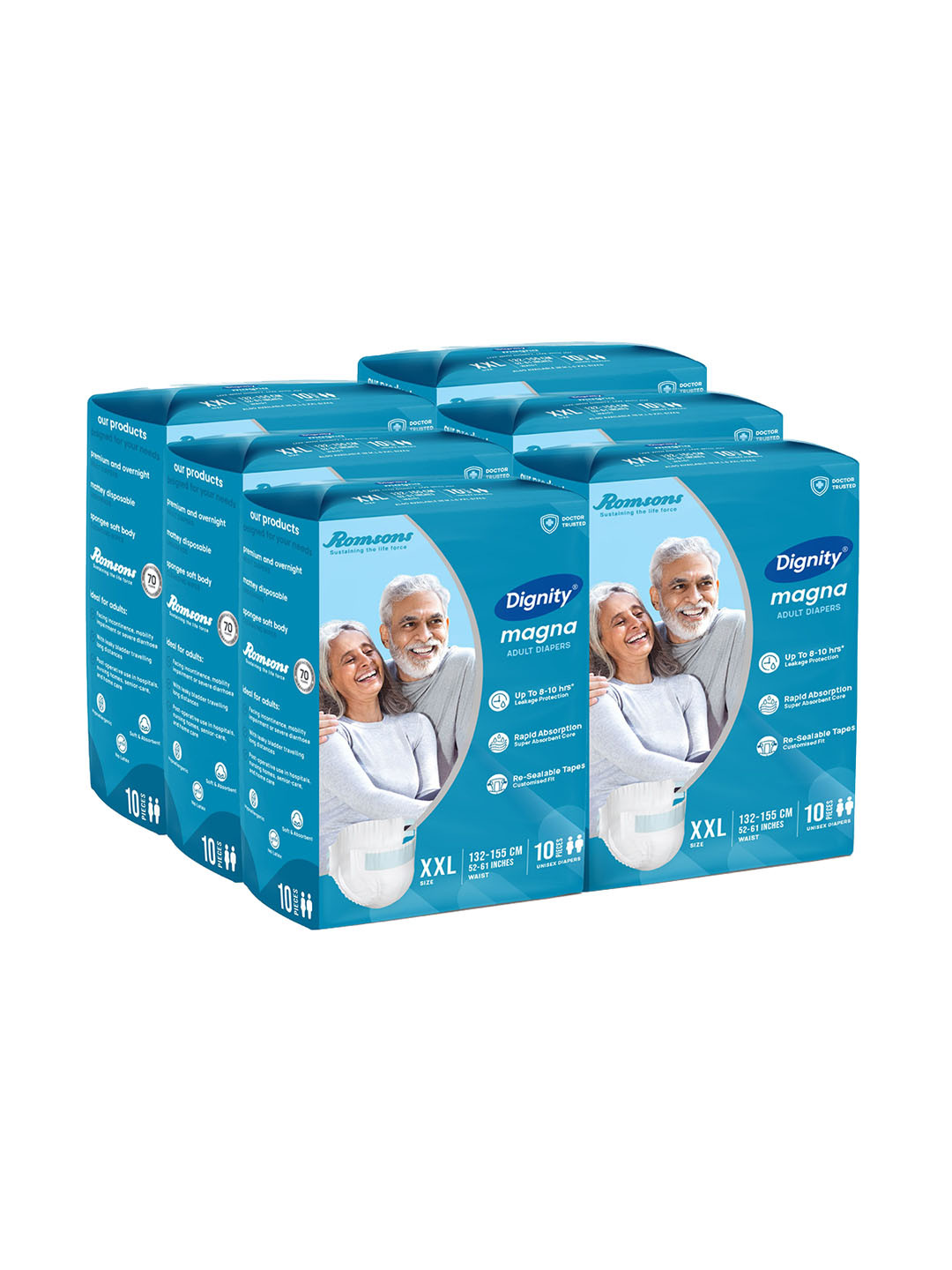 Dignity Set Of 6 Magna Tape Style Adult Diapers - XXL- 10 Pcs Each