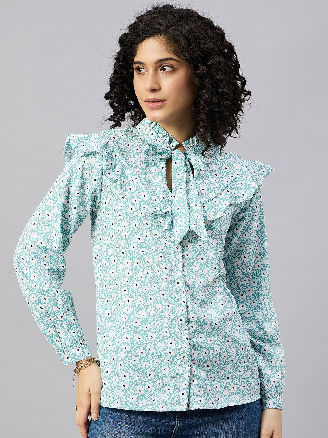 DressBerry Women Floral Printed Tie-Up Neck Shirt Style Top