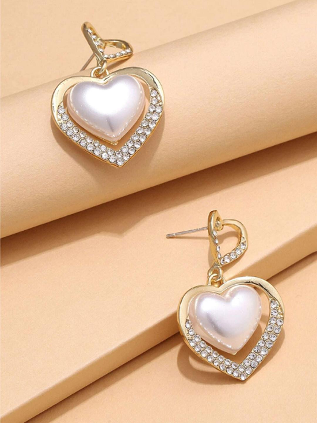 Rovlina Women Heart Shaped Gold-Plated Artificial Stones Studs Earrings