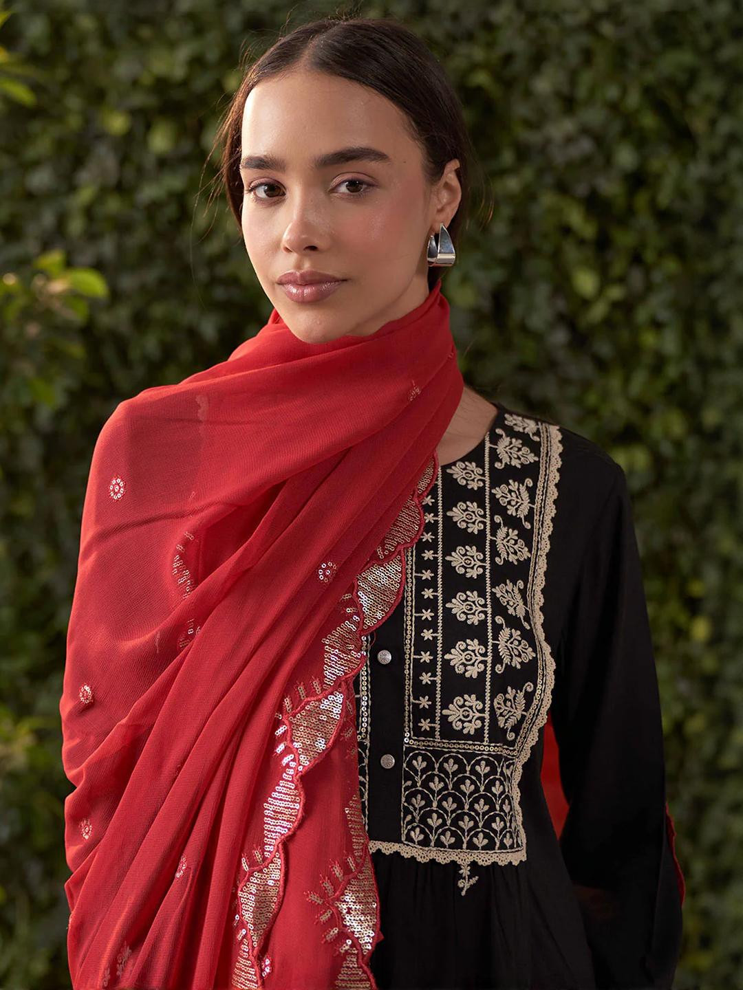 Lakshita Fuchsia Embroidered Georgette Dupatta for Women