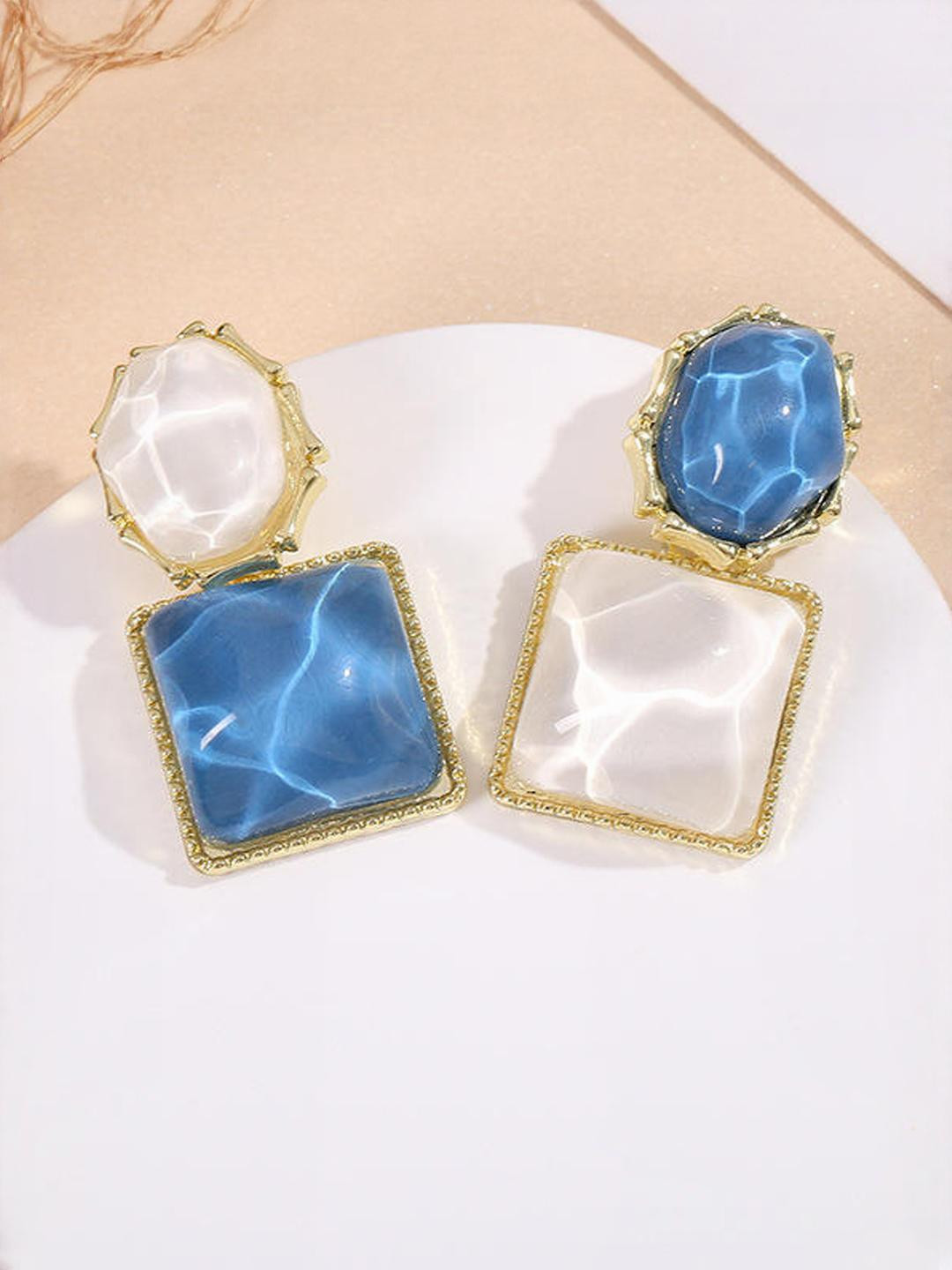 Rovlina Women Alloy Blue & White Square Drop Earrings