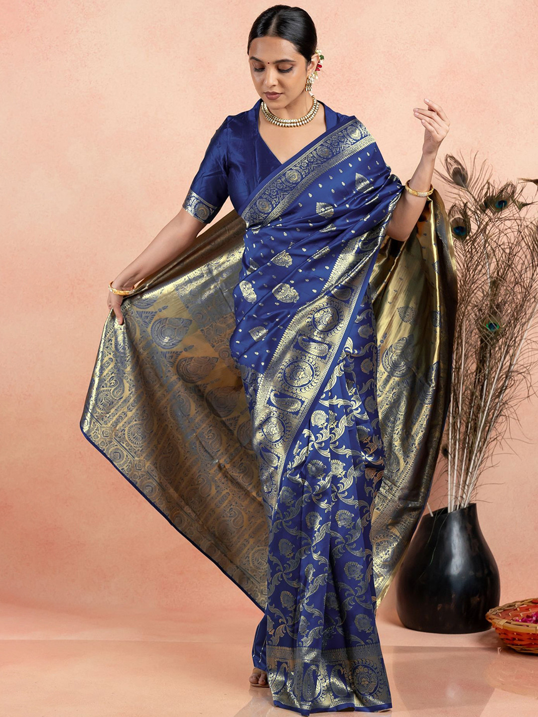 KALINI Navy Blue N Golden Woven Design Silk Blend Saree