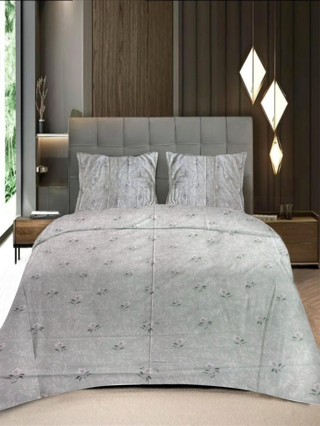 Threadwear Grey Floral Printed 400 TC Cotton Double Queen Bedsheet Set 2.54 m x 2.30 m
