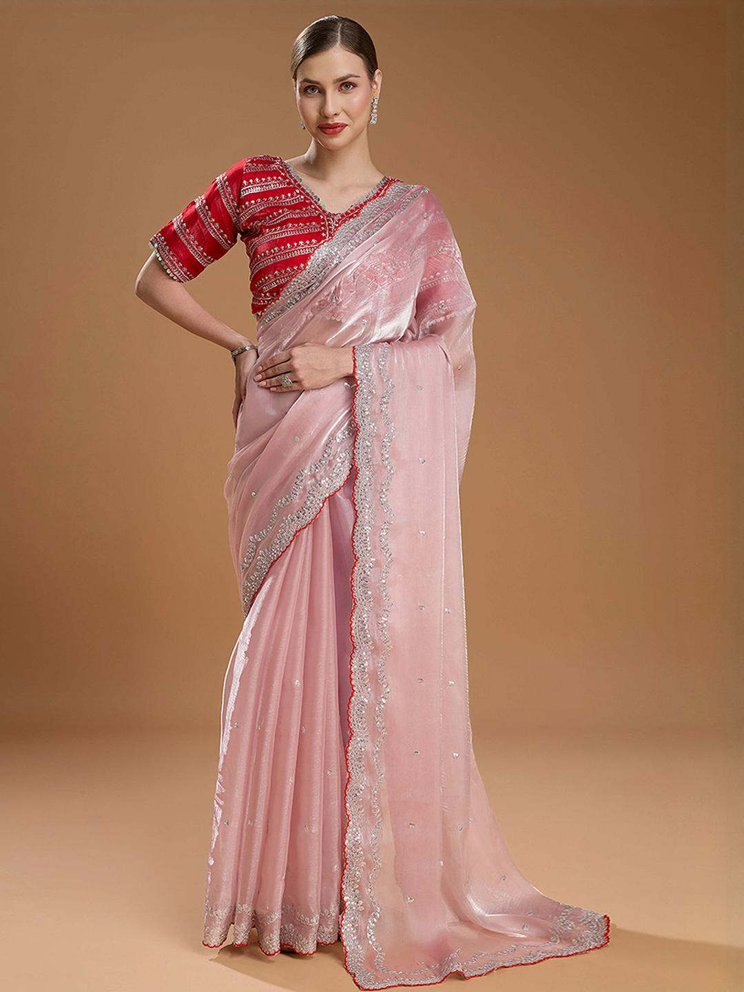 Peachmode Peach Organza Embroidered Saree