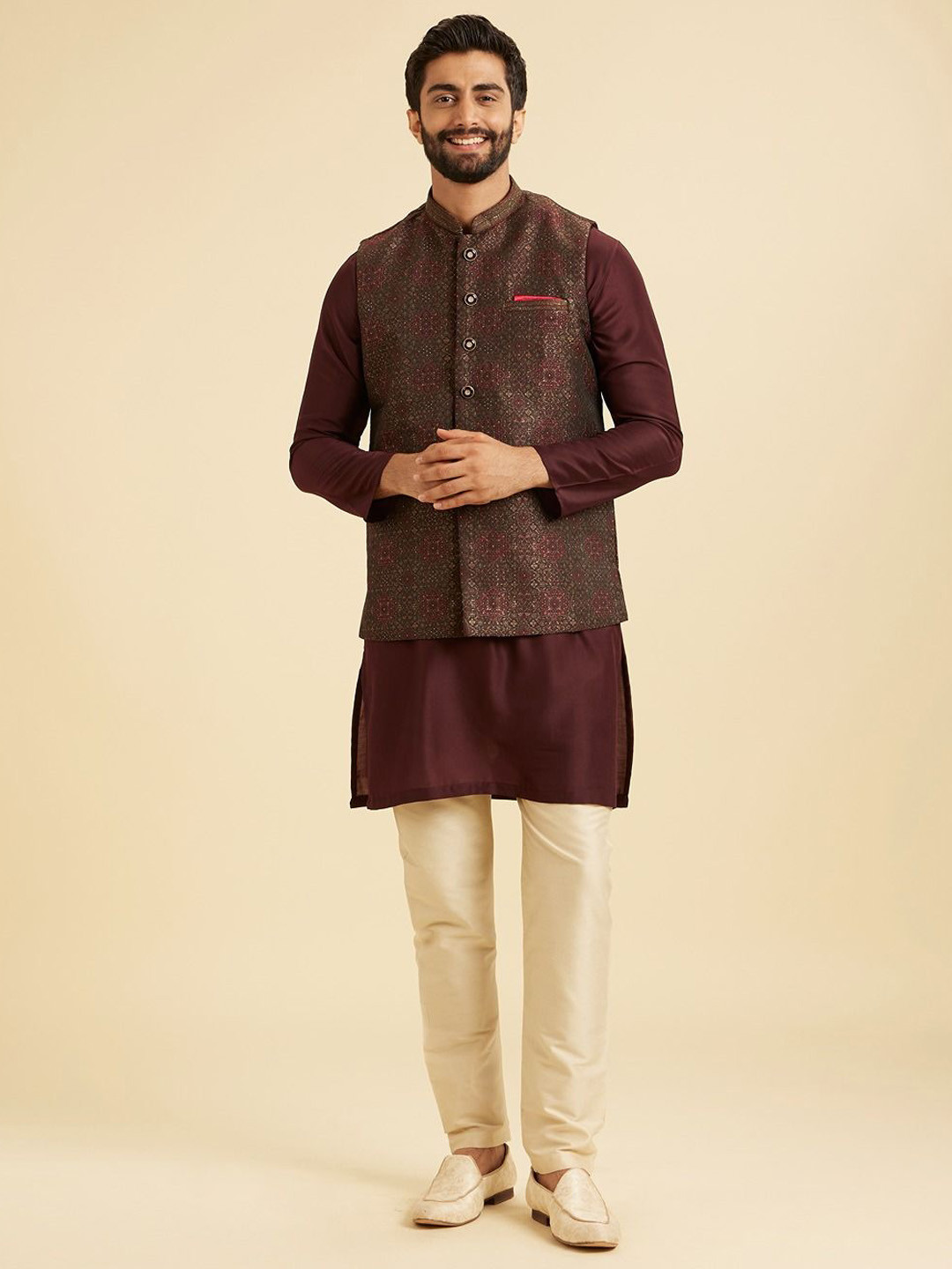 Manyavar Men Woven Design Stone Work Nehru Jackets