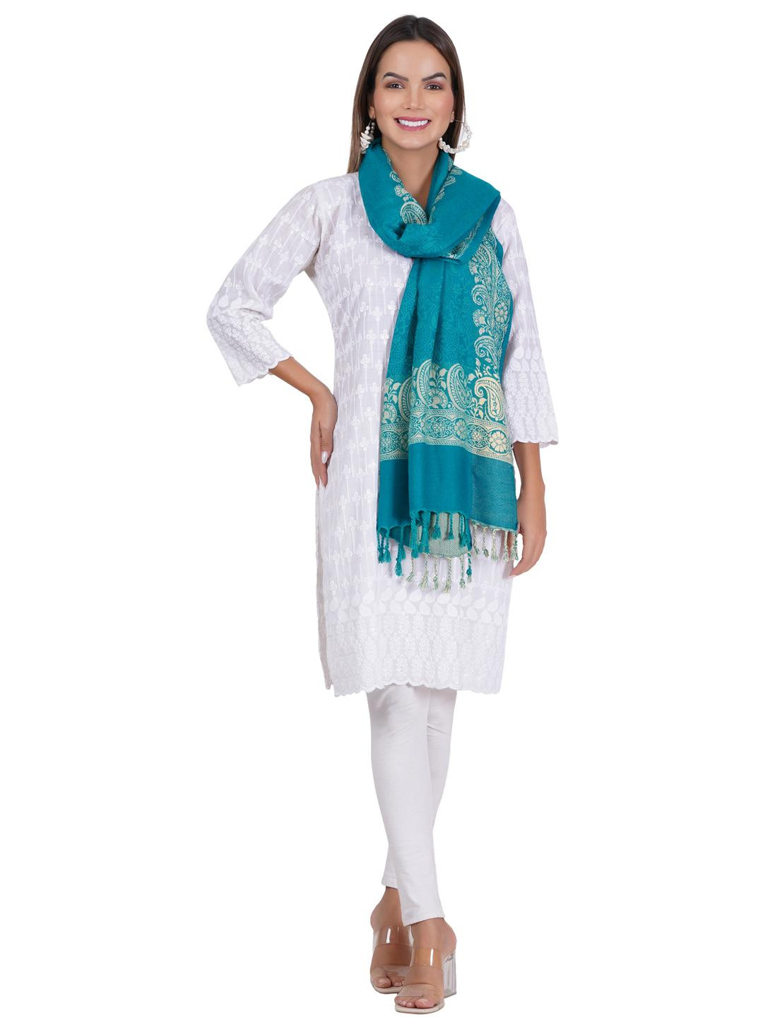 Fabture Women Sea Green Ethnic Motifs Pure Woolen Stole