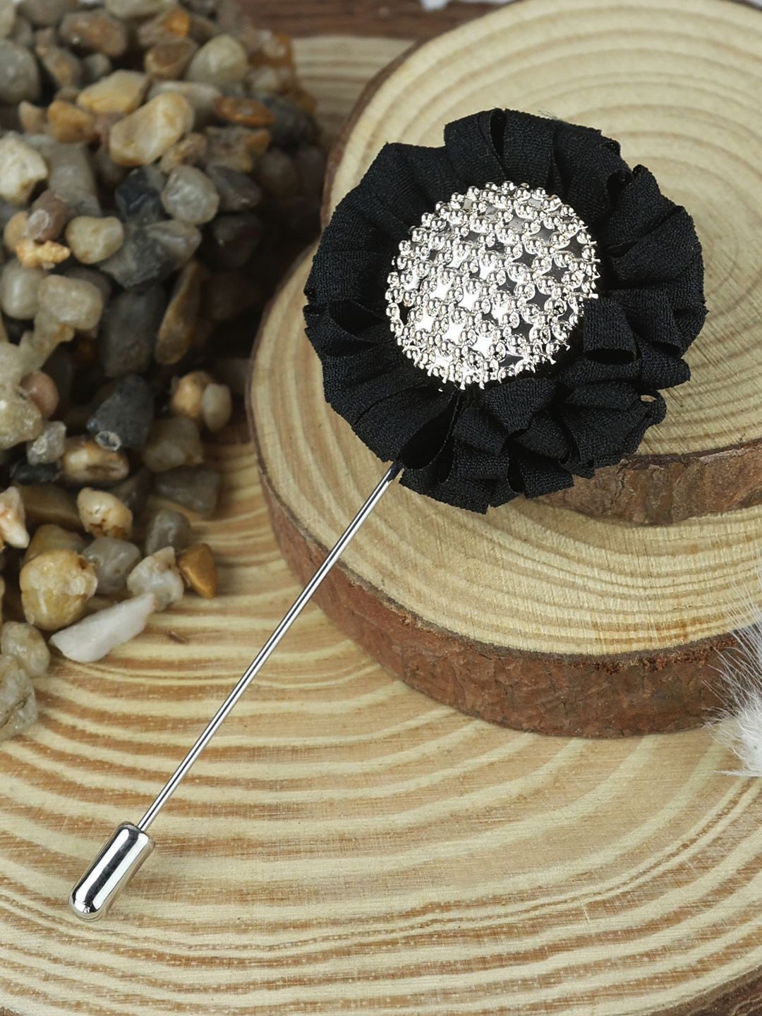 House of Pataudi Silver Toned & Black Artificial Stones Studded Statement Brooch