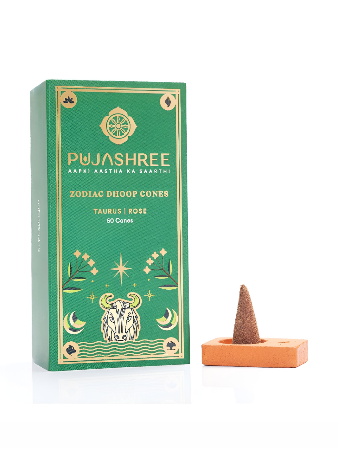 Pujashree Products Global Pvt Ltd. 50Pcs Green Taurus & Rose Zodiac Dhoop Cones