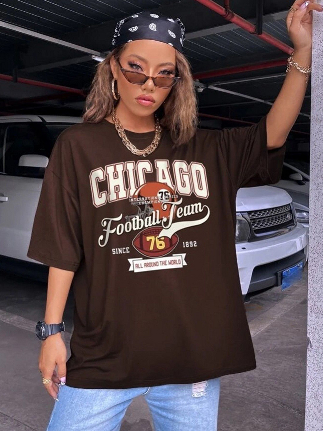 Christy World Women Typography Printed Round Neck Oversized T-shirt