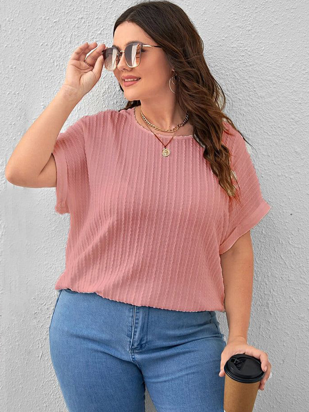 RAHI TRENDZ Pink Vertical Stripes Round Neck Top