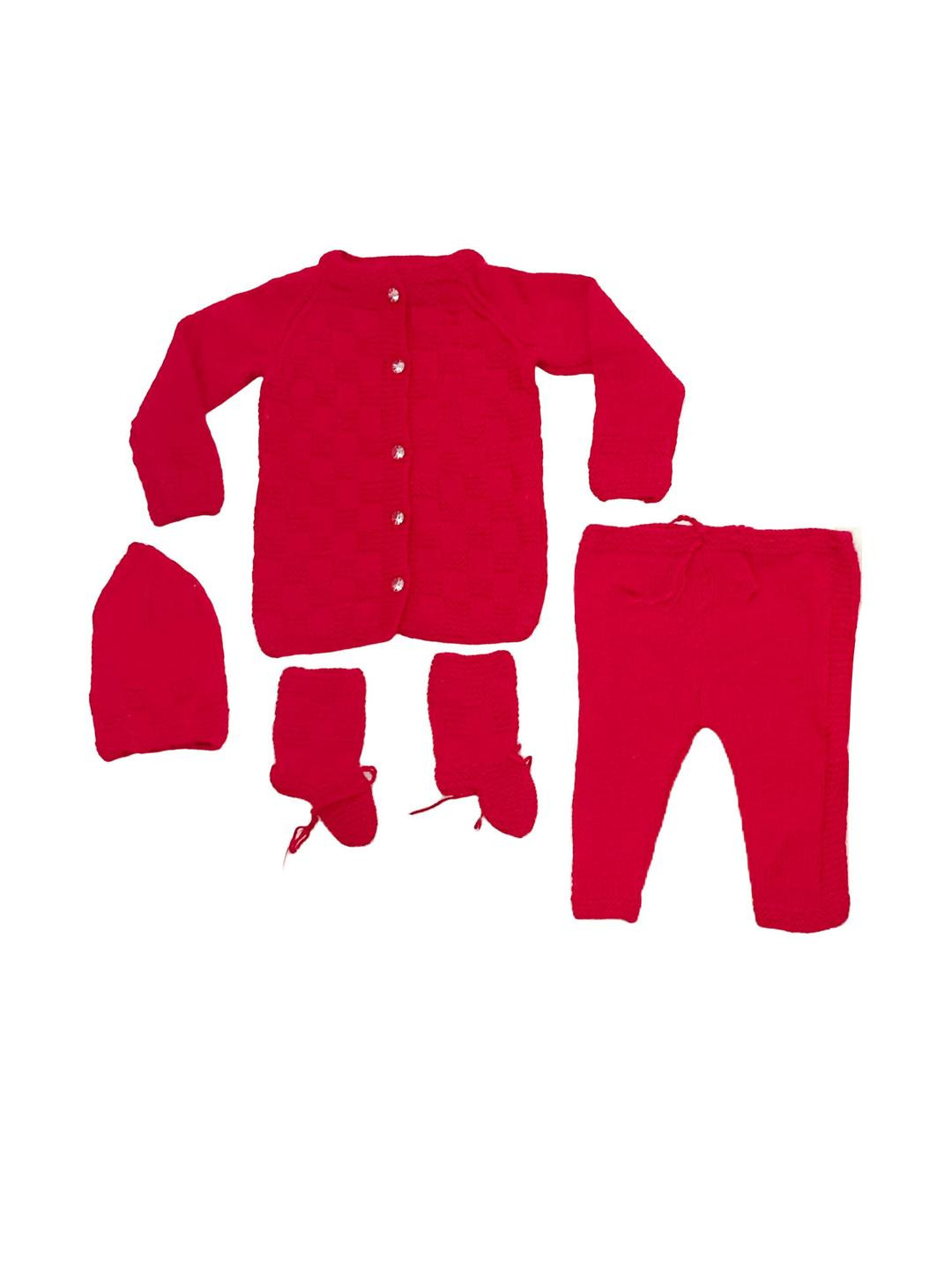 Cute Collection Unisex Kids Red Checked Woolen Sweater With Pyjama Cap & Pair of Socks