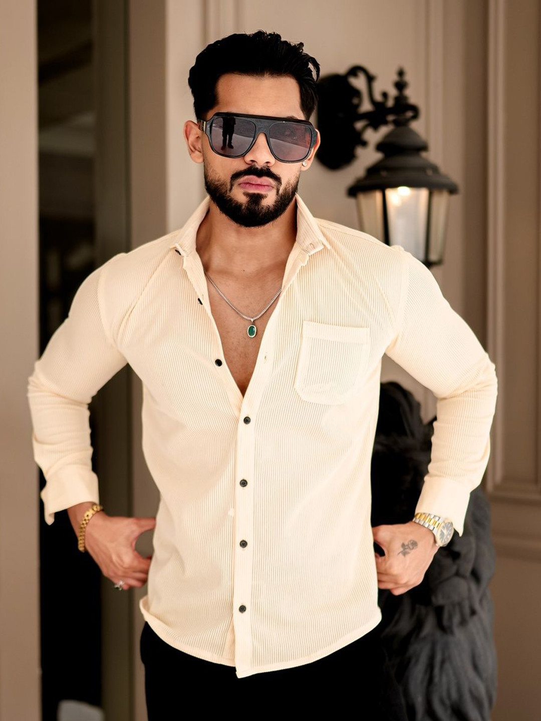 IKON FASHION Original Slim Fit Popcorn Texture Spread Collar Shirt