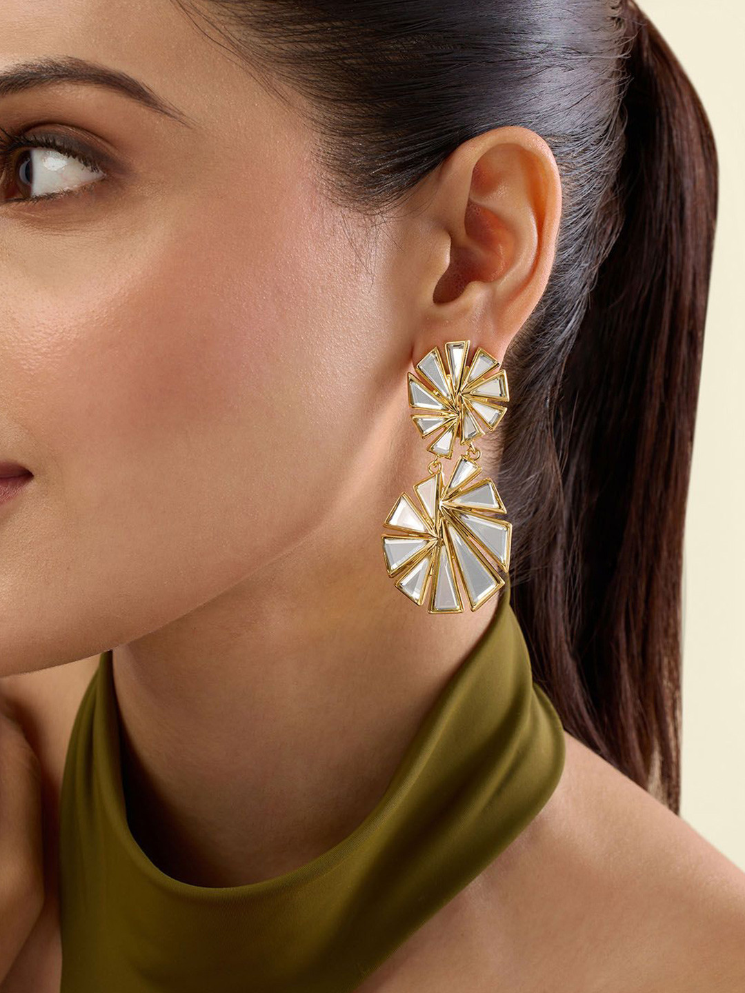 Isharya 18Kt Gold Plated Demi Shattered Mirror Floral Drop Earrings