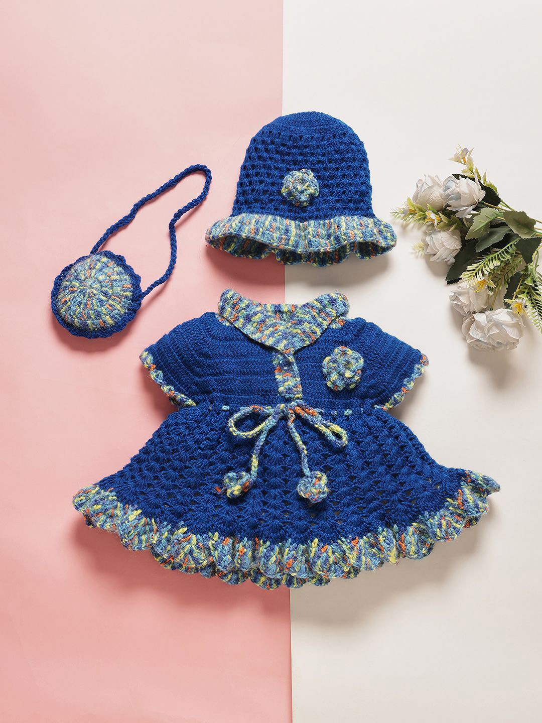 CHUTPUT Girls Crochet Pure Wool Jumper Dress with Cap and Purse