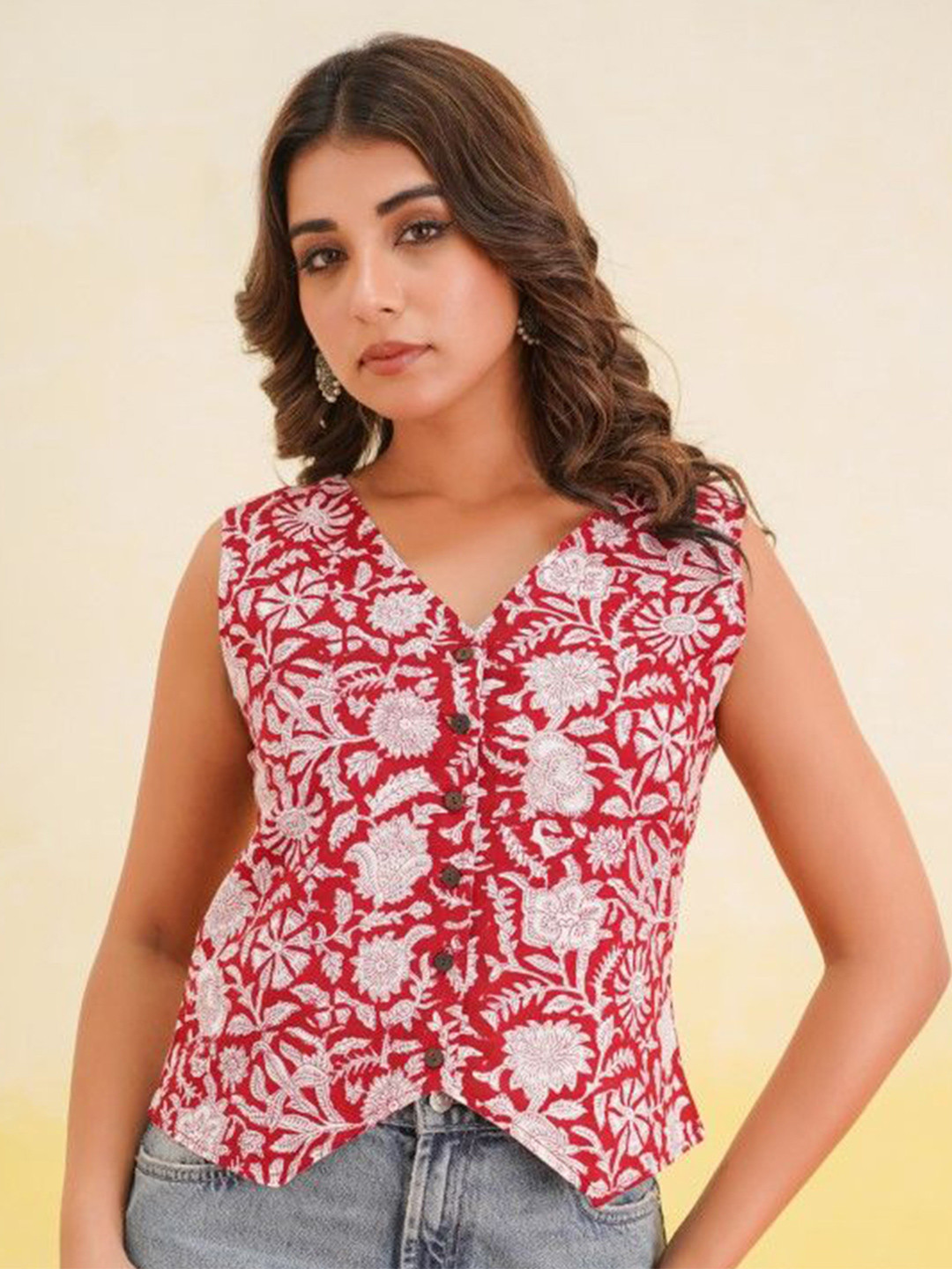 GOODHAND Women Floral Print Cotton Top