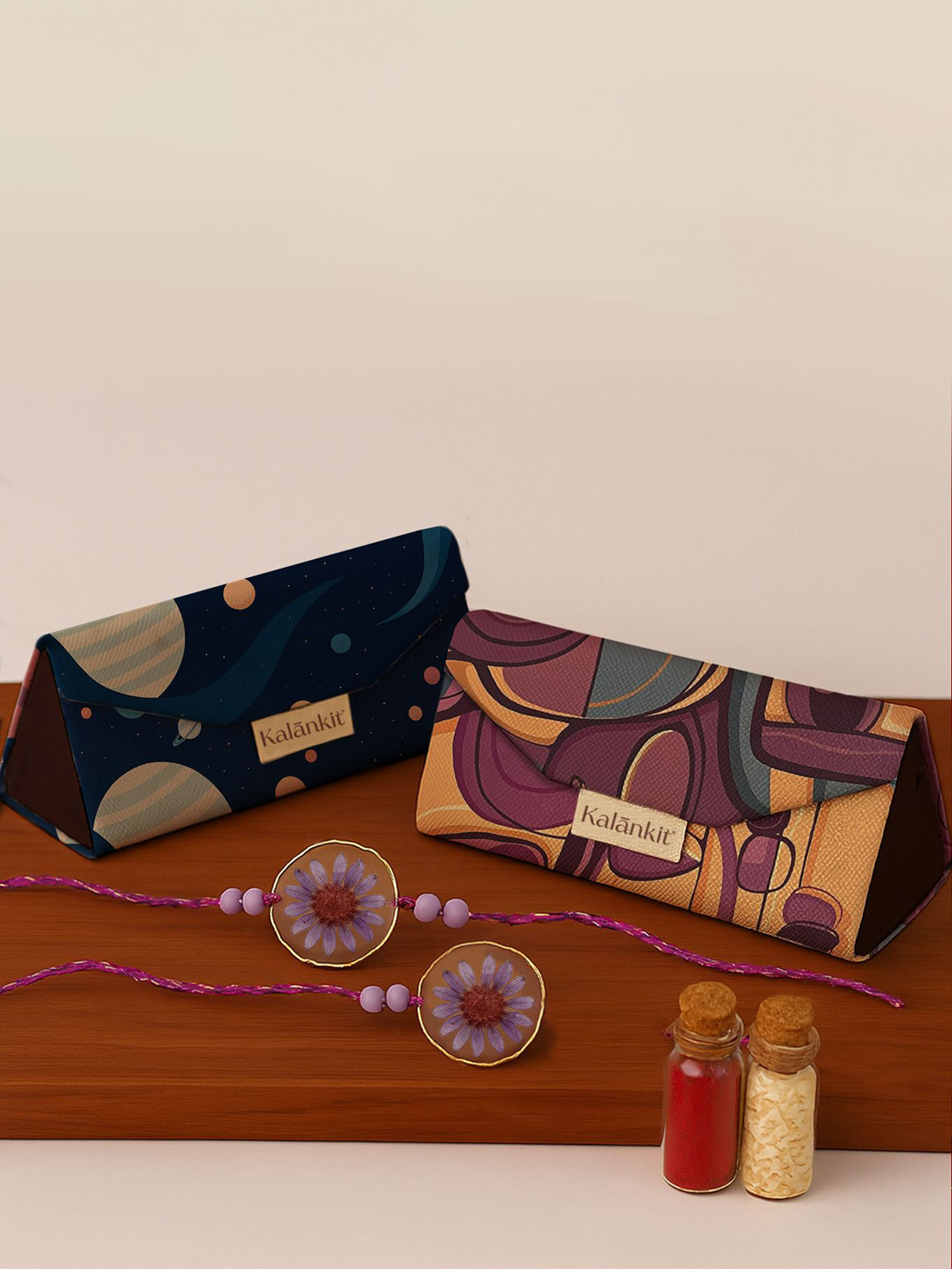 Kalankit Pack Of 2 Trifold Sunglass Cases With Rakhi & Roli Chawal Set