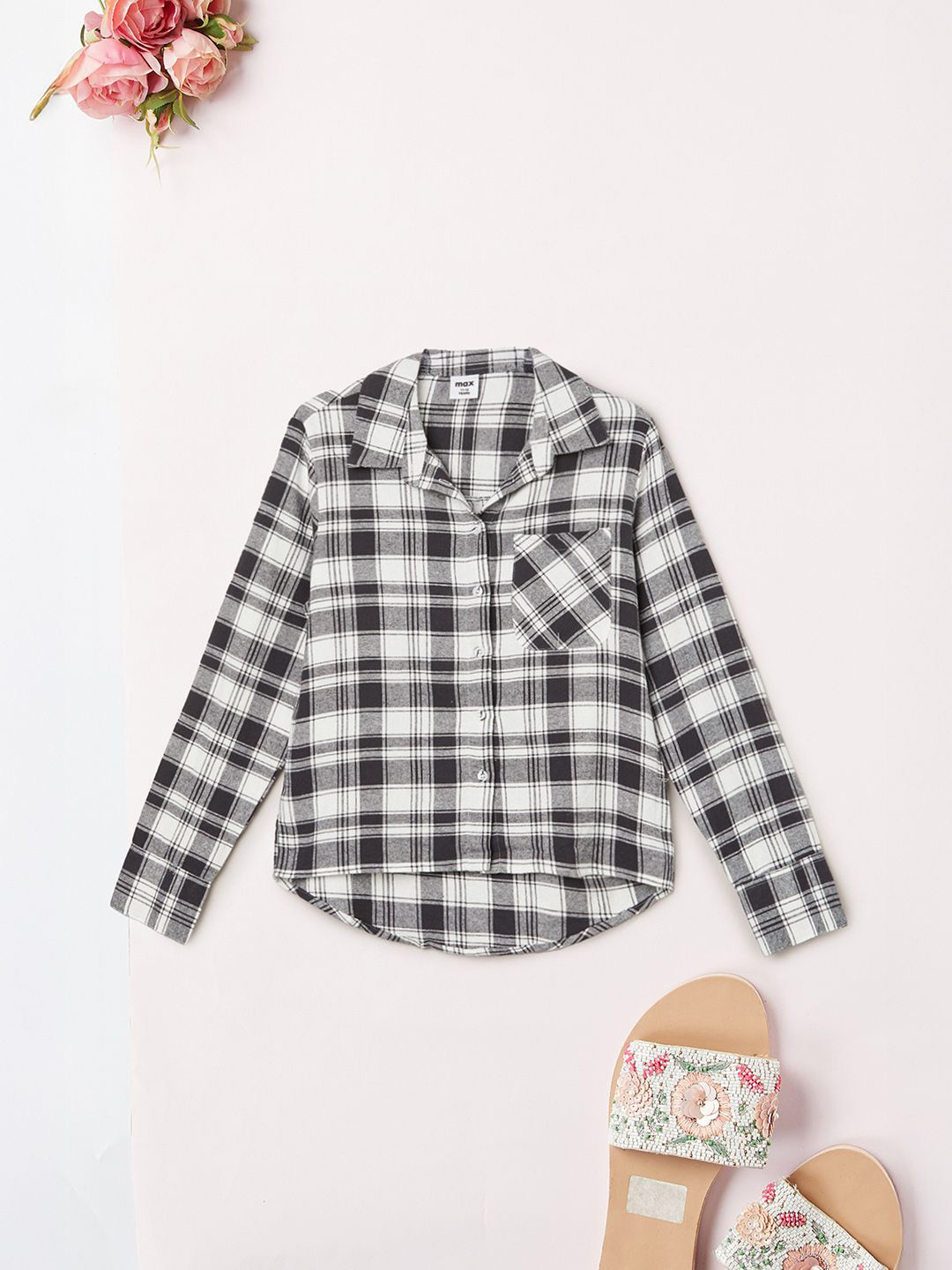 max Girls Tartan Checked Spread Collar Long Sleeves Pure Cotton Shirt