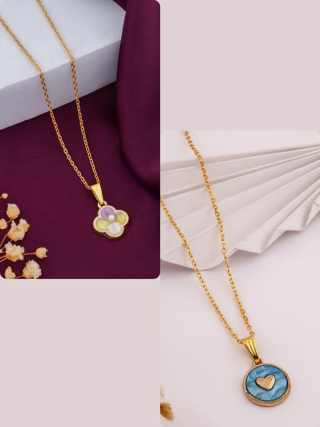 DressBerry Women Set Of 2 Brass Gold-Plated Clove Leaf & Heart Charm Chains