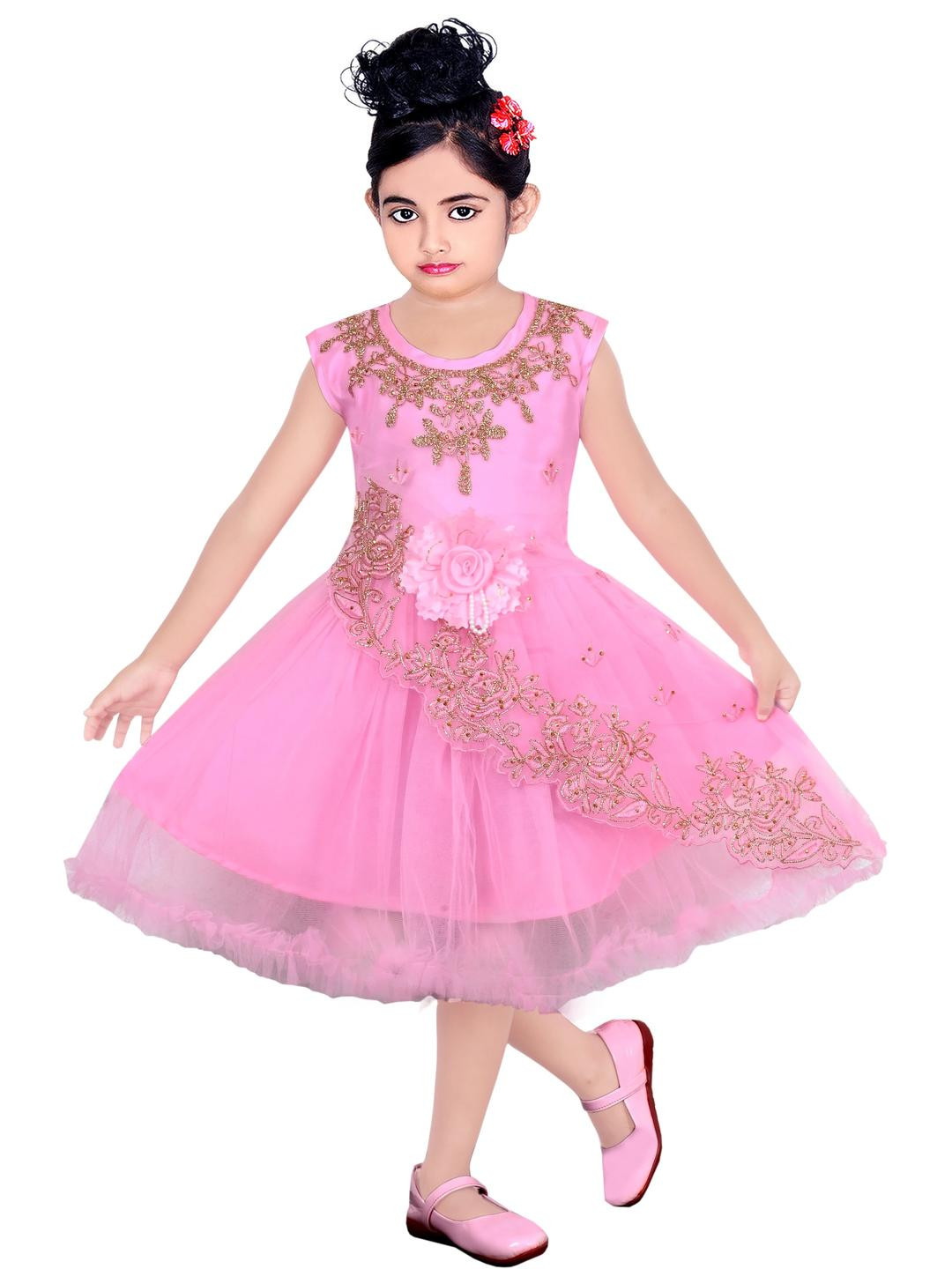 sms dressses Kids Pink Casual Round Neck Solid Short Sleeves Net Dress