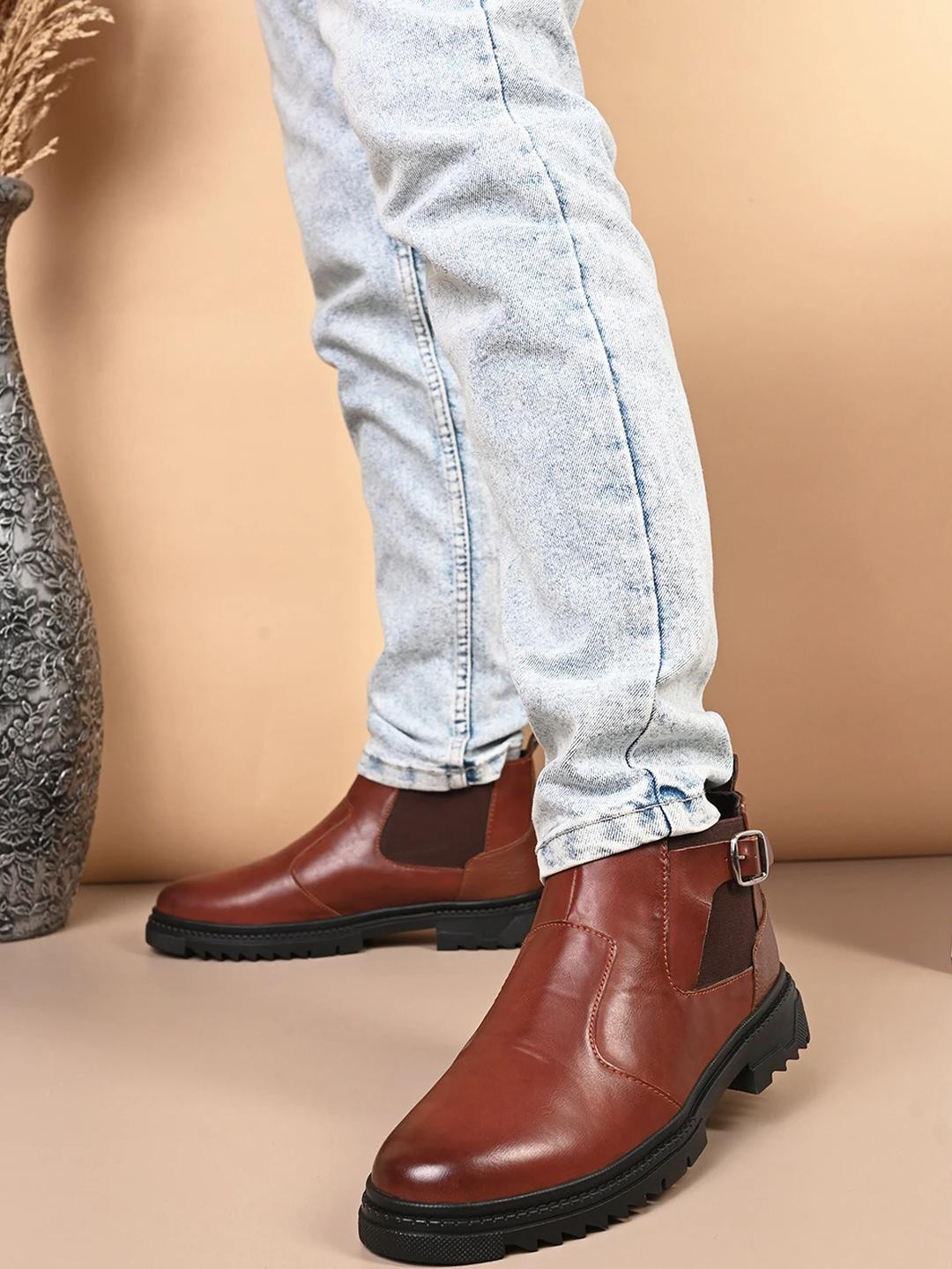 REAL BLISS FOOTWEAR Men Brown Solid Slip-On Chelsea Boots with Buckle Detail