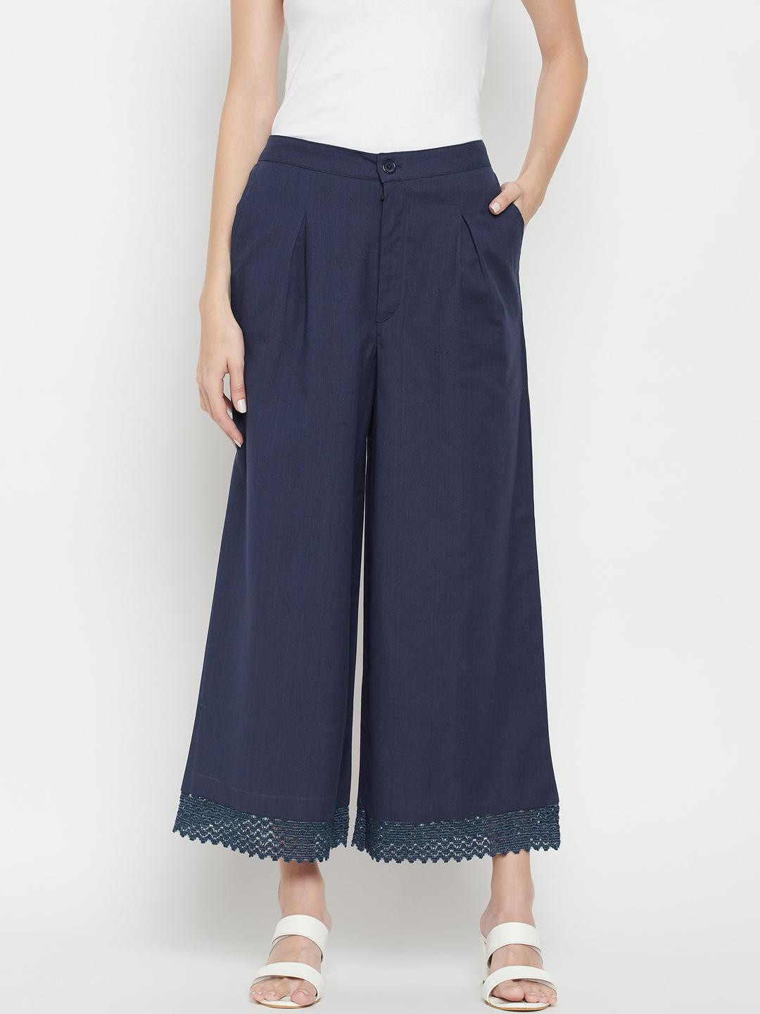 MJ LIFE STYLE Women's Navy Blue Wide-Leg Culottes with Lace Hem Plazzo