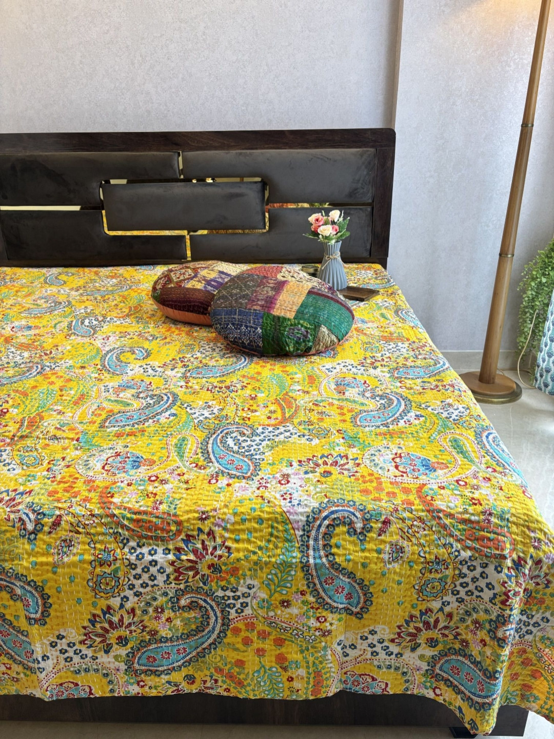 Hawamahal Yellow & Blue Ethnic Motifs Printed Cotton King Bed Cover