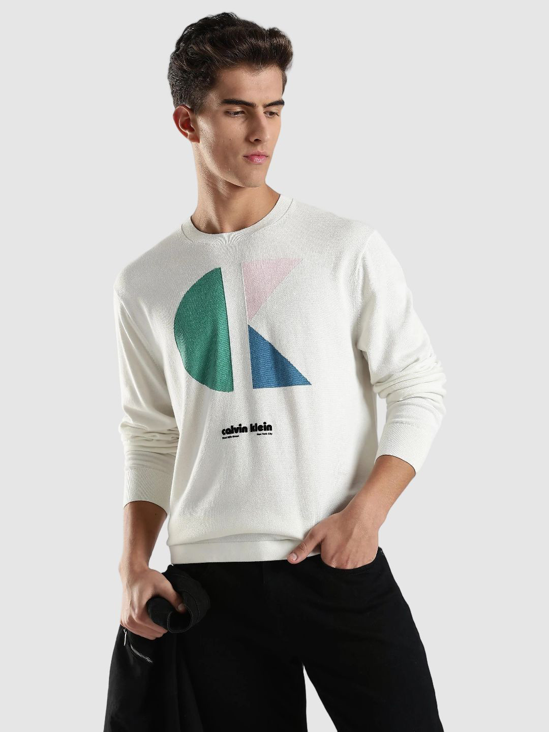 Calvin Klein Jeans Men Logo Self Design Relaxed Fit Cotton Pullover Sweater