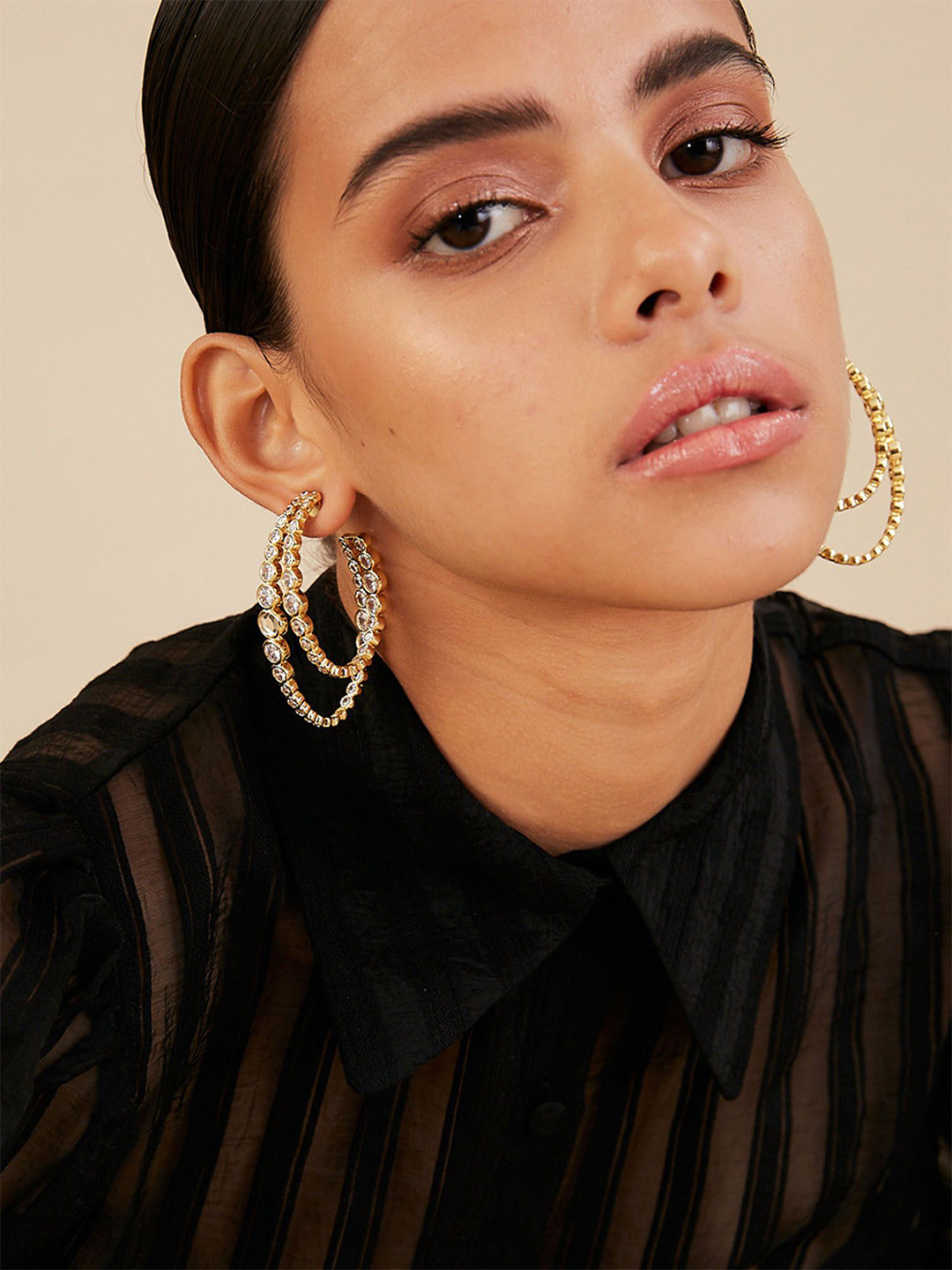 Isharya 18Kt Gold Plated Modern Maharani Double Contemporary Half Hoop Earrings