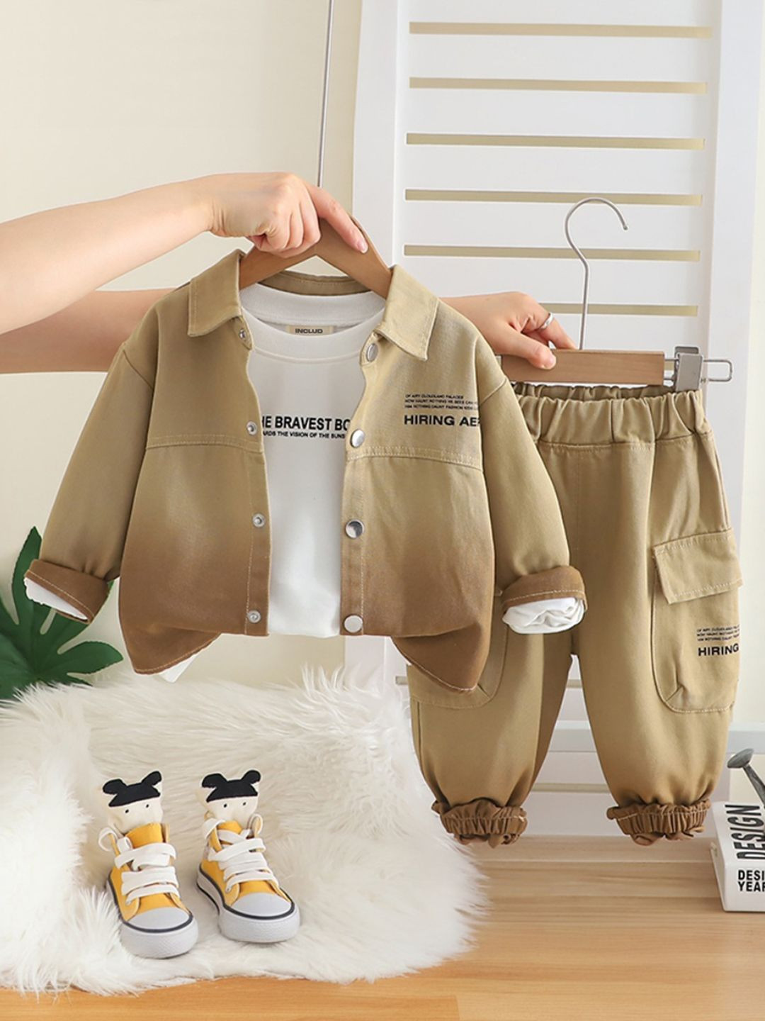 INCLUD Infant Boys Typographic Printed Shirt Collar Shacket With T-Shirt and Pants