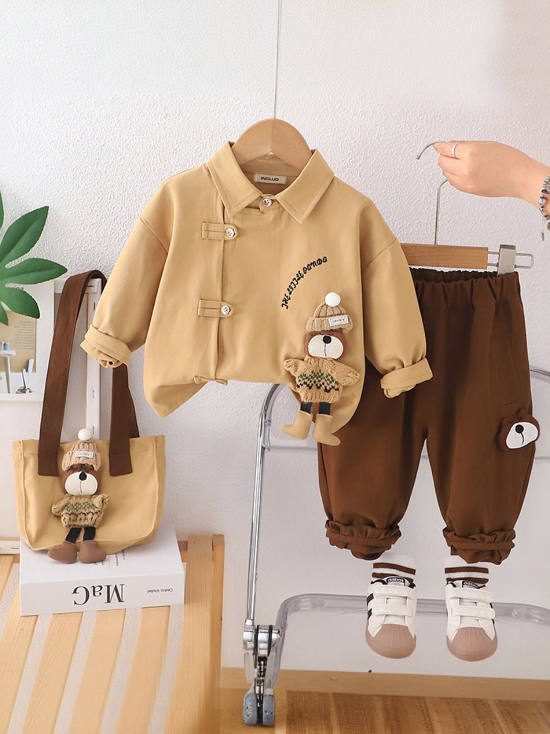INCLUD Infant Boys Khaki Typographic Printed Shirt Collar Shirt With Bag and Pants Set