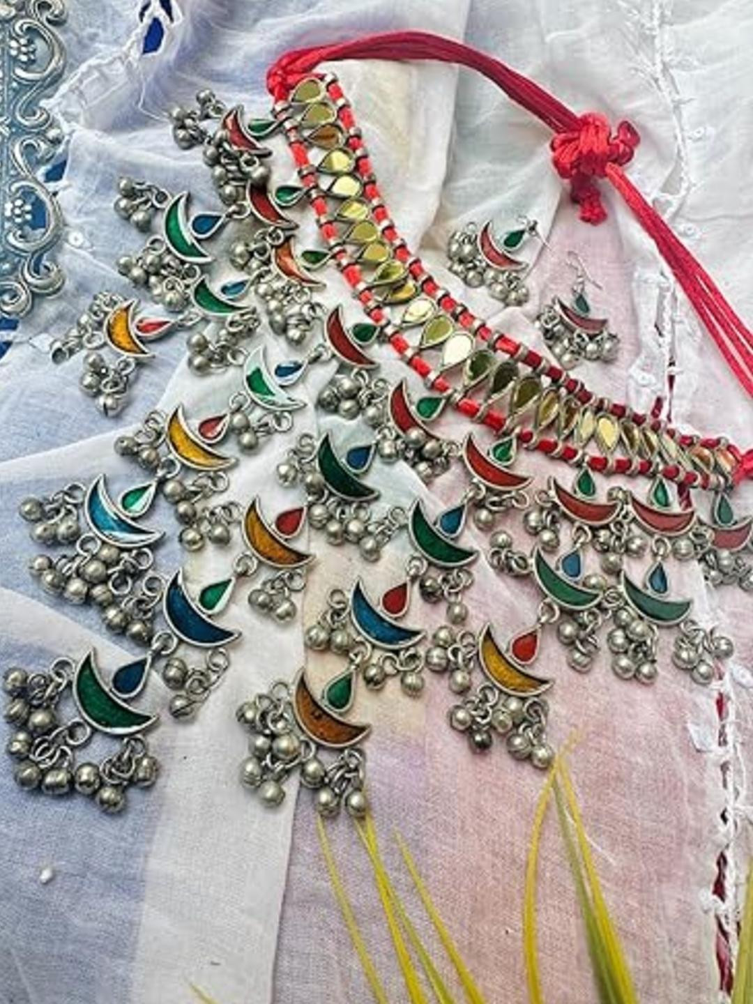 BMINO Latest Traditional Oxidised Silver Necklace Jewellery Set