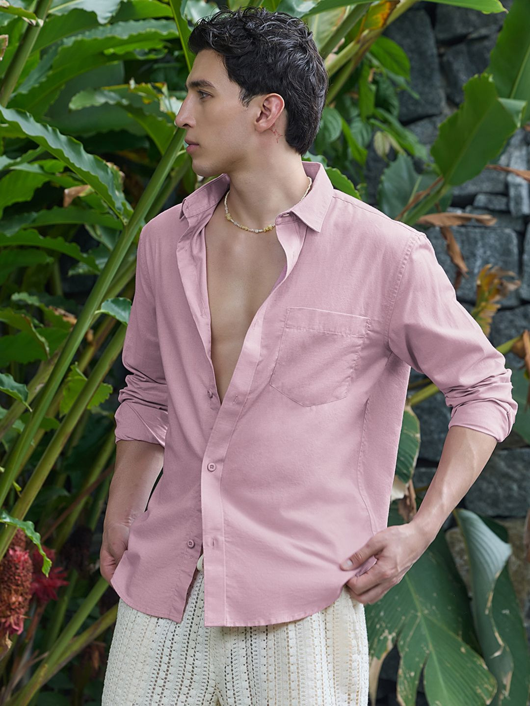 Bewakoof Men's Pink Cotton Linen Shirt