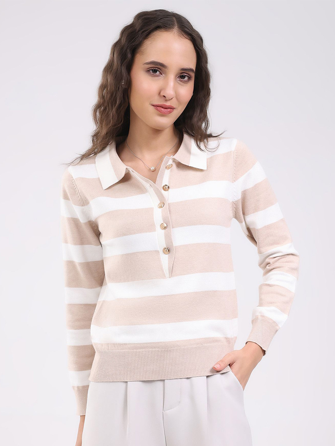 Global Republic Women Horizontal Stripes Shirt Collar Top
